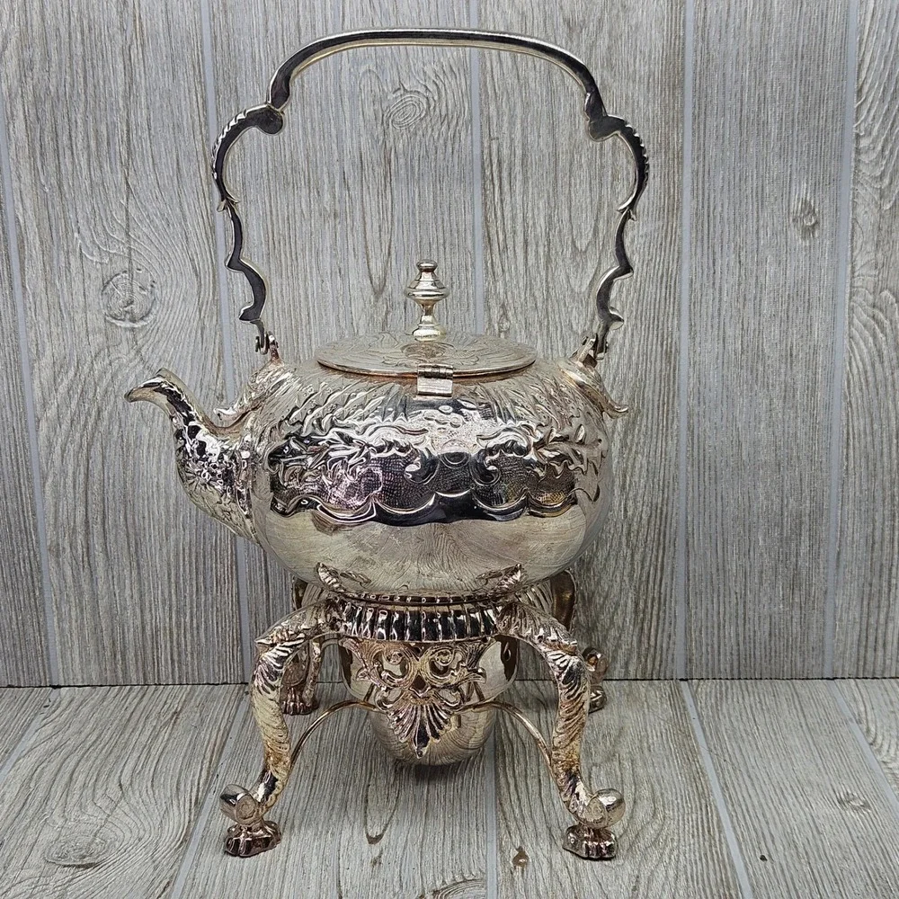 Vintage Silver Plated Ornate Repousse Teapot on Warming Stand Set